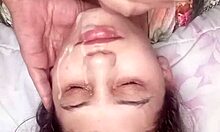 My gf gives a deep throat blowjob and gets covered in cum